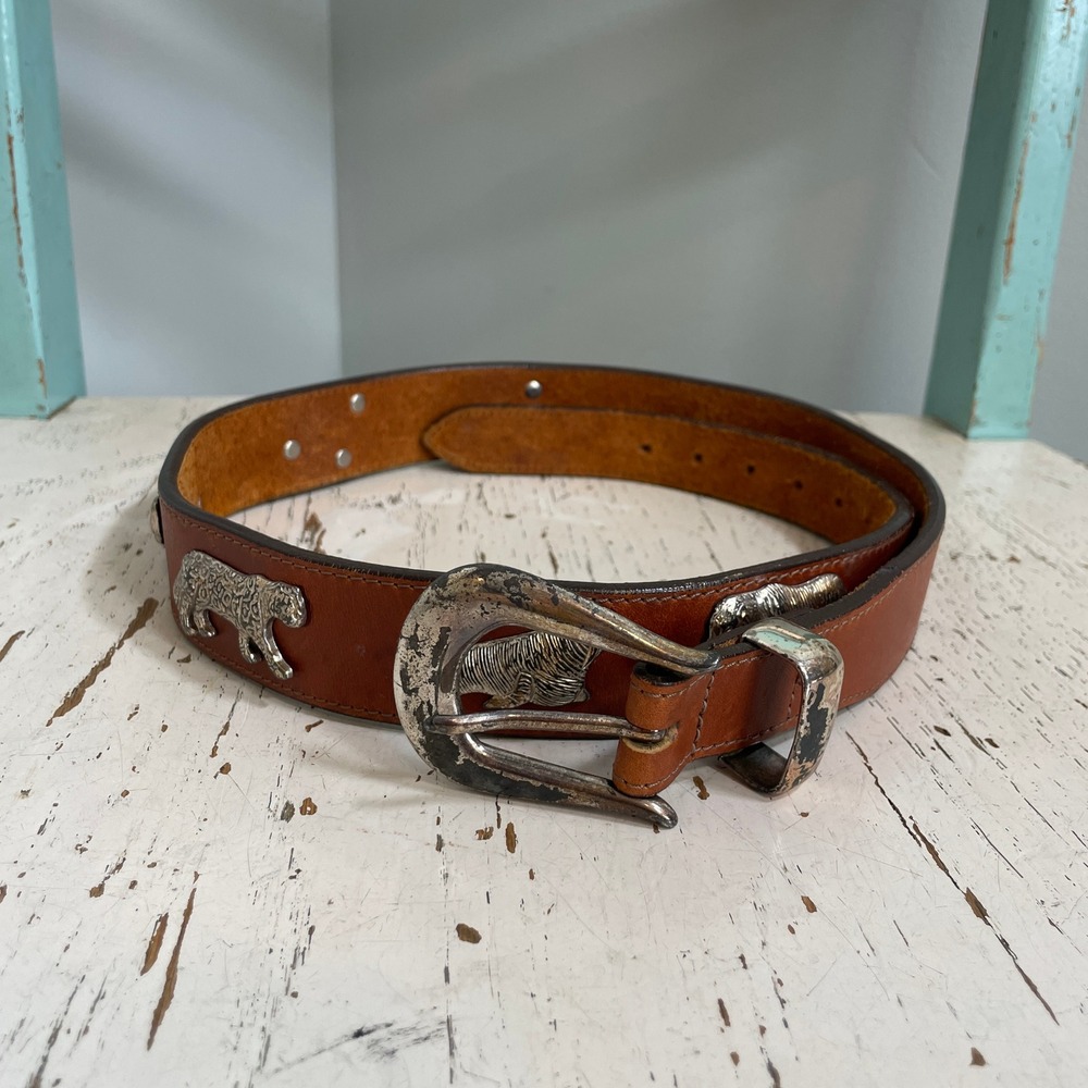 VTG Honest Brighton Brown Leather Animal Concho Belt Western Safari Style Sz 30